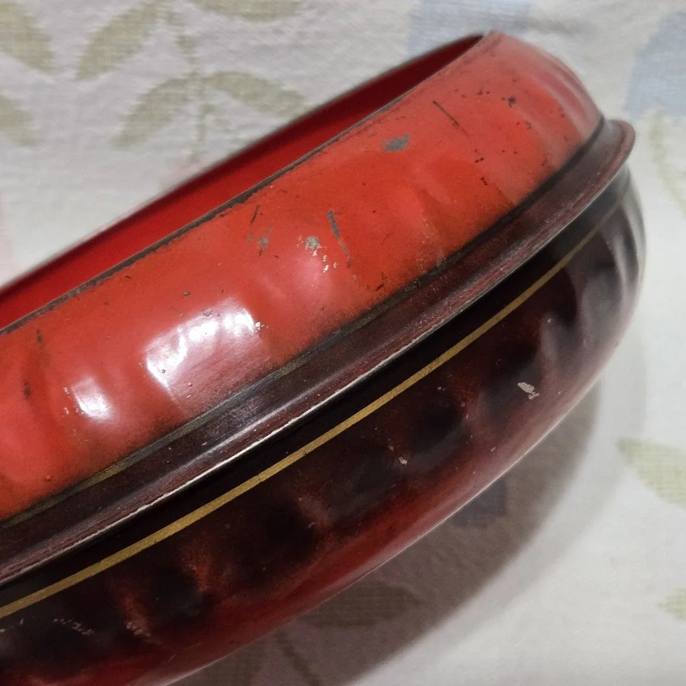 Red Round Vintage Sewing Metal Tin Knob Lidded Box Midcentury Notions Storage